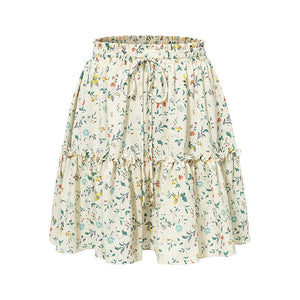 Conmoto Boho Mini Skirt Women 2018 High Waist Lace-up Skirt Autumn Skirt Girl Casual Print Ruffle Skirt