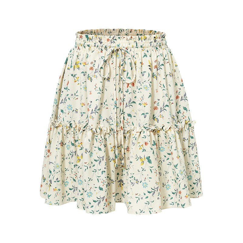 Conmoto Boho Mini Skirt Women 2018 High Waist Lace-up Skirt Autumn Skirt Girl Casual Print Ruffle Skirt