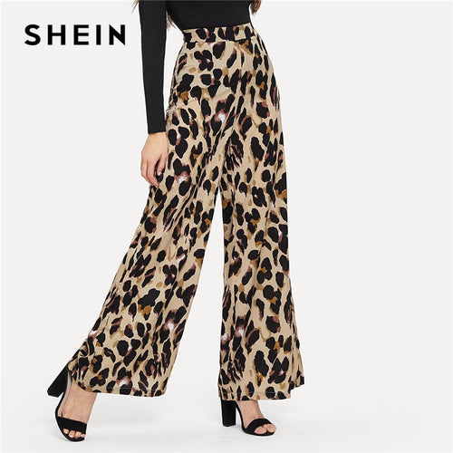SHEIN Multicolor Modern Lady Casual Leopard Print Wide Leg Mid Waist Loose Pants Autumn Office Lady Workwear Women Trousers