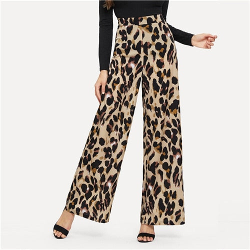 SHEIN Multicolor Modern Lady Casual Leopard Print Wide Leg Mid Waist Loose Pants Autumn Office Lady Workwear Women Trousers