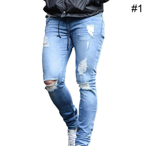 Men Stretchy Ripped Skinny Biker Jeans Destroyed Taped Slim Fit Denim Pants