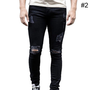 Men Stretchy Ripped Skinny Biker Jeans Destroyed Taped Slim Fit Denim Pants