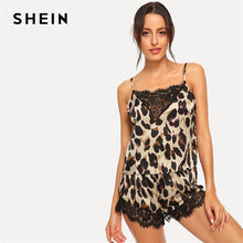 Load image into Gallery viewer, SHEIN Leopard Print Lace Trim Satin Cami &amp; Shorts Pajama Set Women Summer Spaghetti Strap Sleeveless Night Sexy Sleepwear
