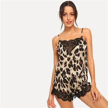 Load image into Gallery viewer, SHEIN Leopard Print Lace Trim Satin Cami &amp; Shorts Pajama Set Women Summer Spaghetti Strap Sleeveless Night Sexy Sleepwear