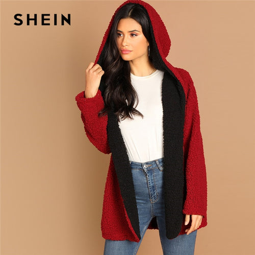 SHEIN Burgundy Casual Color Block Hooded Teddy Thermal Coat Winter Autumn Leisure Women Coats And Outerwear