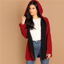 Load image into Gallery viewer, SHEIN Burgundy Casual Color Block Hooded Teddy Thermal Coat Winter Autumn Leisure Women Coats And Outerwear