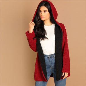 SHEIN Burgundy Casual Color Block Hooded Teddy Thermal Coat Winter Autumn Leisure Women Coats And Outerwear