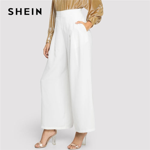 SHEIN Modern Lady Casual White High Waist Slant Pocket Wide Leg Zipper Fly Pants Autumn Streetwear Workwear Women Trousers