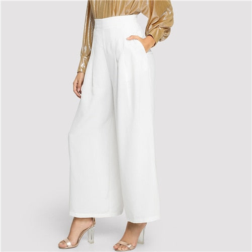 SHEIN Modern Lady Casual White High Waist Slant Pocket Wide Leg Zipper Fly Pants Autumn Streetwear Workwear Women Trousers