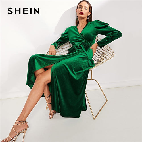 SHEIN Green Elegant Party Solid Puff Sleeve