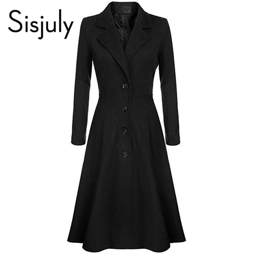 Sisjuly Vintage Long Trench Coats Women Autumn Winter Windbreaker Elegant OL Fashion England Black Overcoats Casual Swing Coat