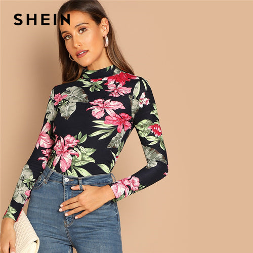 SHEIN Multicolor Highstreet Elegant Floral Print Mock-Neck Long Sleeve Slim Fit Tee Autumn Women Casual Women Tshirt Top