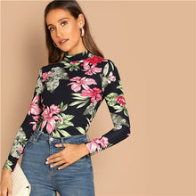 Load image into Gallery viewer, SHEIN Multicolor Highstreet Elegant Floral Print Mock-Neck Long Sleeve Slim Fit Tee Autumn Women Casual Women Tshirt Top
