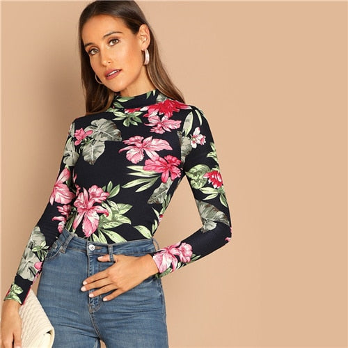SHEIN Multicolor Highstreet Elegant Floral Print Mock-Neck Long Sleeve Slim Fit Tee Autumn Women Casual Women Tshirt Top