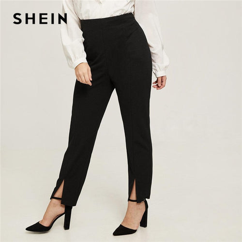 SHEIN Plus Size Zipper Back High Waist Fashion Split Hem Black Pants Office Lady Spring Autumn Workwear Solid Trousers