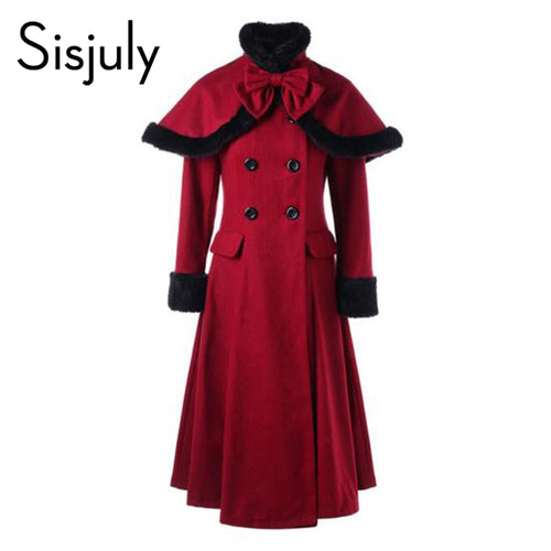 Sisjuly Burgundy Woolen Coat Women Winter Lace Up Pleated Warm Elegant Fashion Vintage Cloak Swing Double Breasted Long Coats
