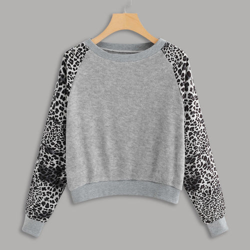 Fashion Women O-Neck Leopard Print Color Block Short Sweatshirt Patchwork Top