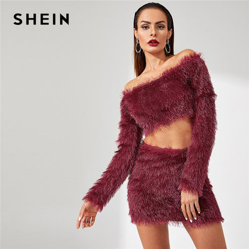 SHEIN Going Out Party Burgundy  Off the Shoulder Crop Fluffy Top and Skirt Plain Long Sleeve Set Women Autumn Elegant Twopiece