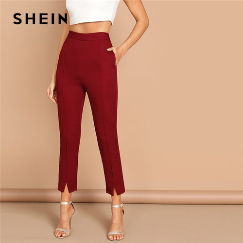 SHEIN Mordon Lady Burgundy Split Hem Zipper Mid Waist Solid Crop Pants Office Lady Spring Autumn Workwear Solid Trousers