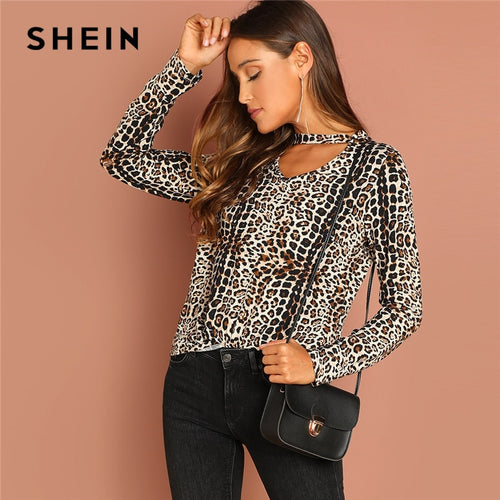 SHEIN Multicolor Going Out Highstreet Elegant Choker Neck V Neck Leopard Pullovers Tee Autumn Women Casual Women Tshirt Top