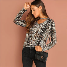 Load image into Gallery viewer, SHEIN Multicolor Going Out Highstreet Elegant Choker Neck V Neck Leopard Pullovers Tee Autumn Women Casual Women Tshirt Top