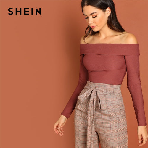 SHEIN Rust Going Out Highstreet Off the Shoulder Foldover Front Off Shoulder Fitted Tee Autumn Women Casual Women Tshirt Top