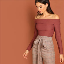 Load image into Gallery viewer, SHEIN Rust Going Out Highstreet Off the Shoulder Foldover Front Off Shoulder Fitted Tee Autumn Women Casual Women Tshirt Top