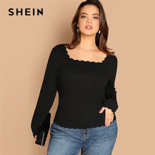 Load image into Gallery viewer, SHEIN Plus Size Long Sleeve Scallop Trim Square Collar Women Black Slim Fit Top Tees Casual Solid T Shirt