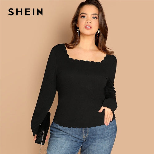 SHEIN Plus Size Long Sleeve Scallop Trim Square Collar Women Black Slim Fit Top Tees Casual Solid T Shirt
