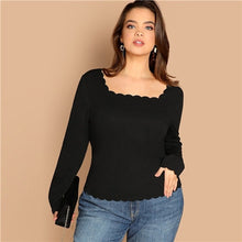 Load image into Gallery viewer, SHEIN Plus Size Long Sleeve Scallop Trim Square Collar Women Black Slim Fit Top Tees Casual Solid T Shirt