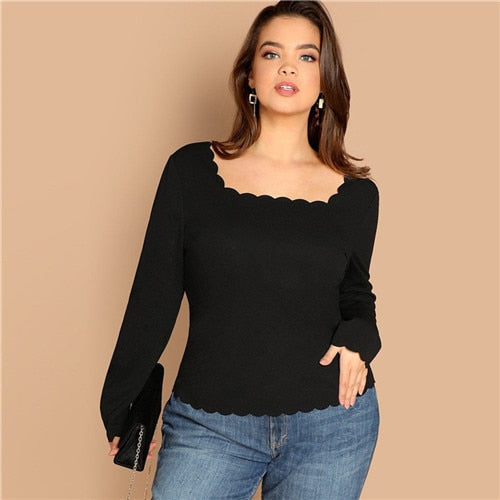 SHEIN Plus Size Long Sleeve Scallop Trim Square Collar Women Black Slim Fit Top Tees Casual Solid T Shirt