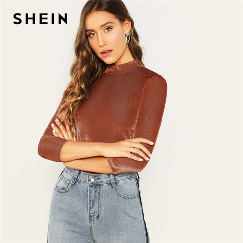 SHEIN Brown Mock Neck Fitted Ribbed Velvet Top Highstreet Elegant Stand Collar Pullover 2018 Autumn Casual Women Tshirt Top
