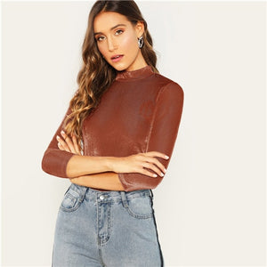 SHEIN Brown Mock Neck Fitted Ribbed Velvet Top Highstreet Elegant Stand Collar Pullover 2018 Autumn Casual Women Tshirt Top