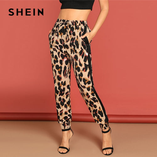 SHEIN Multicolor Drawstring Waist Pocket Leopard Pants Casual Mid Waist Pocket Tapered Carrot Trousers Women Autumn Casual Pants
