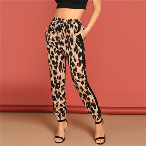 SHEIN Multicolor Drawstring Waist Pocket Leopard Pants Casual Mid Waist Pocket Tapered Carrot Trousers Women Autumn Casual Pants