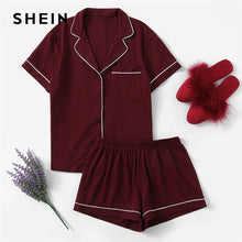 Load image into Gallery viewer, SHEIN Burgundy Contrast Piping Pocket Front Shirt And Shorts PJ Set Women Plain Button Short Sleeve Casual 2019 Nightwear