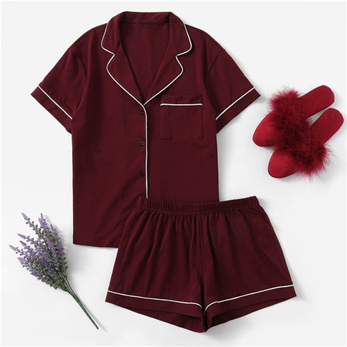 SHEIN Burgundy Contrast Piping Pocket Front Shirt And Shorts PJ Set Women Plain Button Short Sleeve Casual 2019 Nightwear
