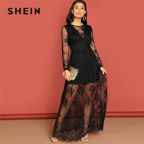 SHEIN Black Contrast Lace Transparent Dress Elegant Fit And Flare Solid Dress Autumn Modern Lady Women Party Long Dresses
