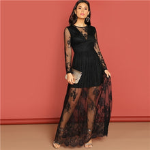 Load image into Gallery viewer, SHEIN Black Contrast Lace Transparent Dress Elegant Fit And Flare Solid Dress Autumn Modern Lady Women Party Long Dresses