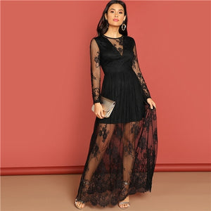 SHEIN Black Contrast Lace Transparent Dress Elegant Fit And Flare Solid Dress Autumn Modern Lady Women Party Long Dresses