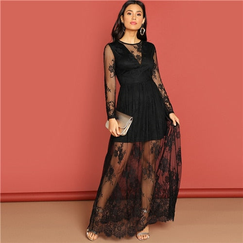 SHEIN Black Contrast Lace Transparent Dress Elegant Fit And Flare Solid Dress Autumn Modern Lady Women Party Long Dresses