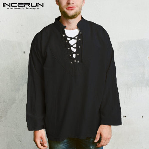 Stylish Elegant Tee Tops Long Sleeve Men V Neck Knight Top Medieval Peasant Pirate Clothing Camisa Renaissance Bandage Shirts
