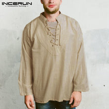 Load image into Gallery viewer, Stylish Elegant Tee Tops Long Sleeve Men V Neck Knight Top Medieval Peasant Pirate Clothing Camisa Renaissance Bandage Shirts