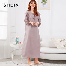 Load image into Gallery viewer, SHEIN Abaya Pink Embroidered Flounce Neck Bishop Sleeve Nightdress 2018 Autumn Casual Pullover Women Lace Nightwear Sleepwear