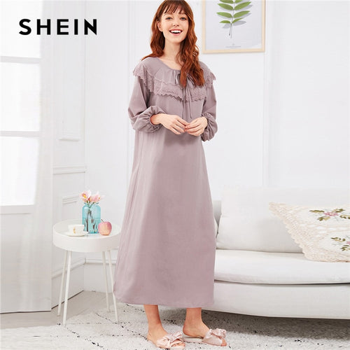 SHEIN Abaya Pink Embroidered Flounce Neck Bishop Sleeve Nightdress 2018 Autumn Casual Pullover Women Lace Nightwear Sleepwear