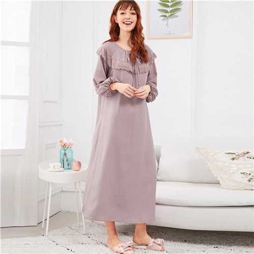 SHEIN Abaya Pink Embroidered Flounce Neck Bishop Sleeve Nightdress 2018 Autumn Casual Pullover Women Lace Nightwear Sleepwear
