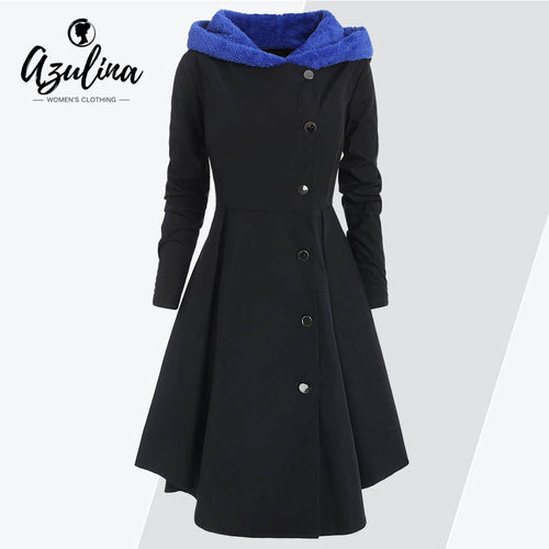 AZULINA Winter Plus Size Asymmetric Fleece Contrast Hooded Skirted Coat Women Coat Single Breasted Color Block Outwear Coats New