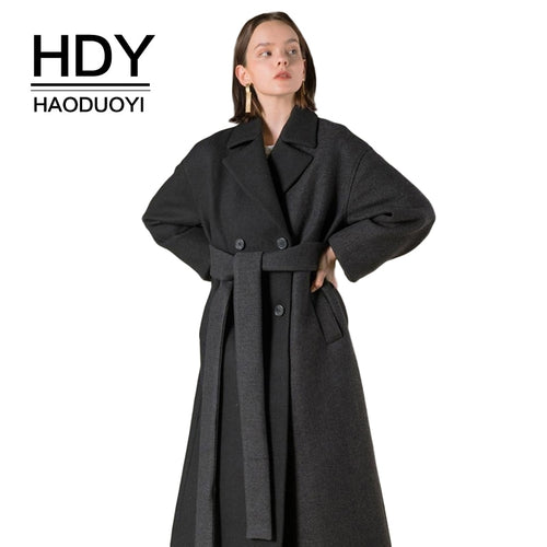 HDY haoduoyi Loose Temperament Stitching Color Lapel Double-breasted Wide Belt With Long Coat
