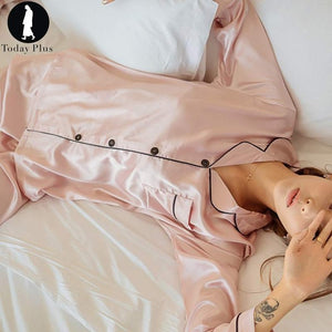 2019 New Fashion Women Pajama Sets Spring Silk Solid Turn-Down Collar Long Sleeve  5 Colors Sleepwear Loungewear All Seasons