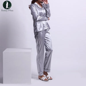 2019 New Fashion Women Pajama Sets Spring Silk Solid Turn-Down Collar Long Sleeve  5 Colors Sleepwear Loungewear All Seasons